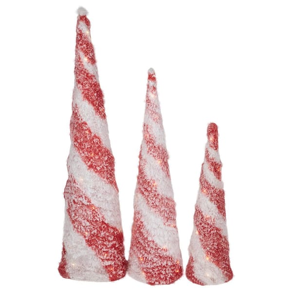 LED Lighted Snowy Candy Cane Striped Christmas Cone Trees-3.25 ft. (Set of 3)