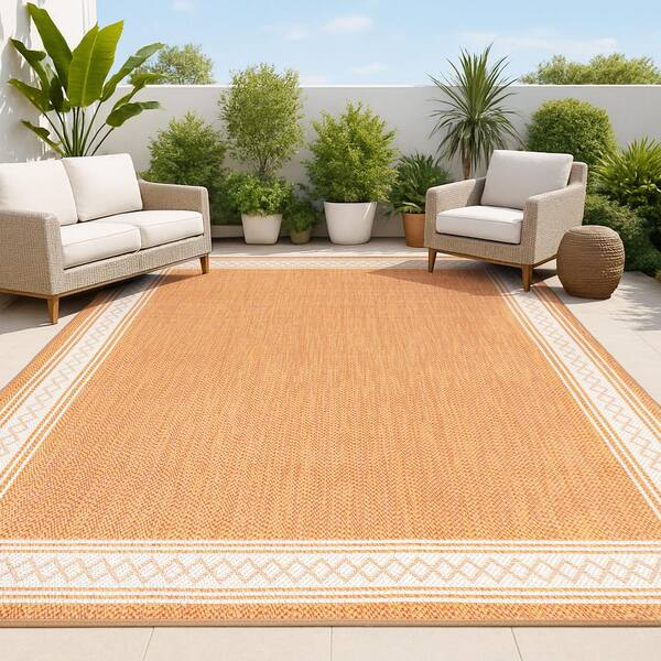Lucia Classic Diamond Border Orange/Cream 8 ft. x 10 ft. Indoor/Outdoor Area Rug