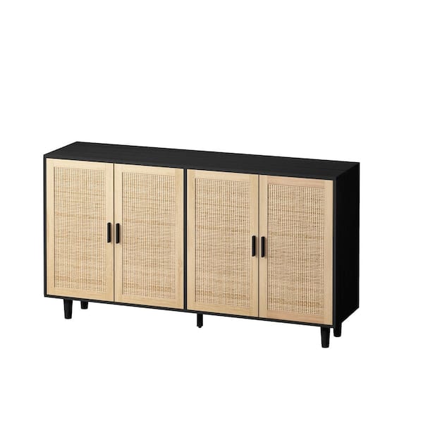 Tahanbath 62.20"Elegant and Functional 4-Door Rattan Decorative Storage Cabinet,for Bedroom,Living Room,Office in Black
