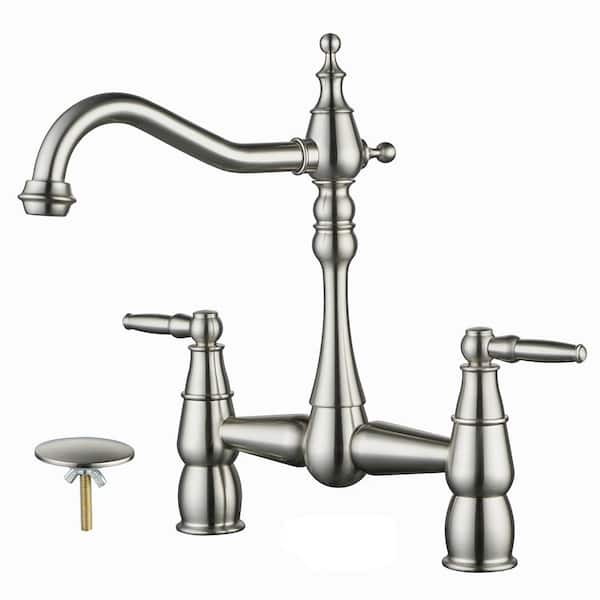 ALEASHA Double Handle Bridge Kitchen Faucet With Sink Hole Cover In   Brushed Nickel Bridge Kitchen Faucets Al 1a71 64 600 