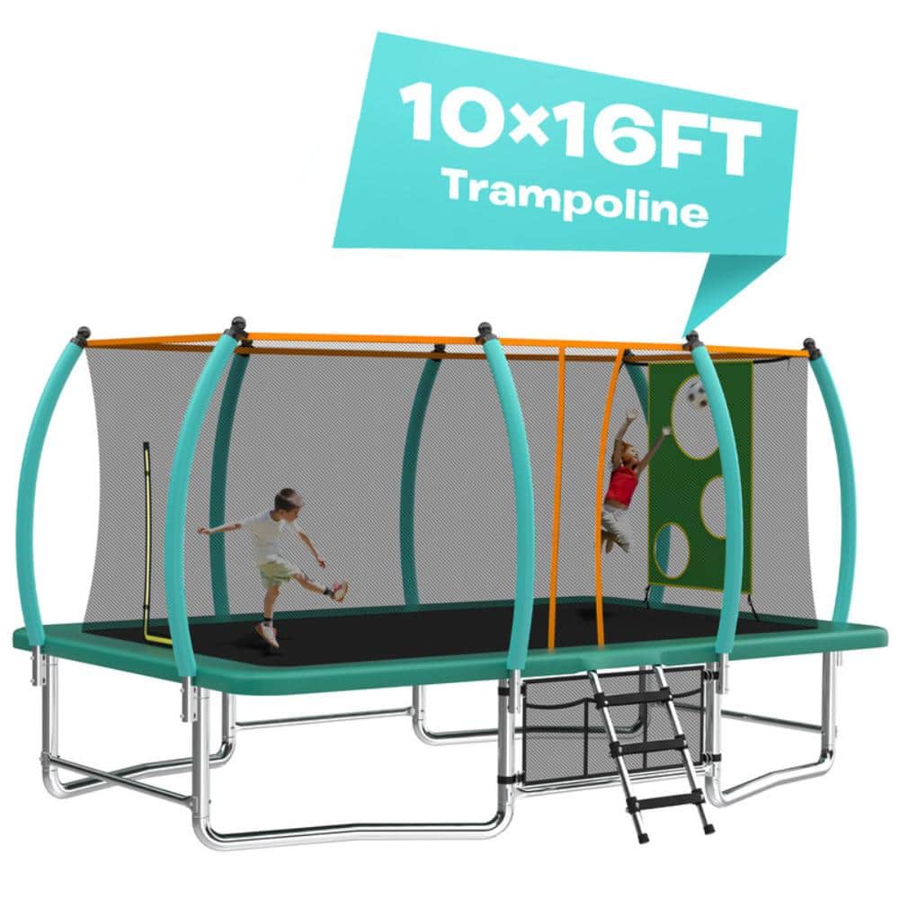 10x16FT Rectangular Trampoline with Enclosure Net & Ladder, 98 Springs ASTM Approved Heavy-Duty Green Outdoor Trampoline