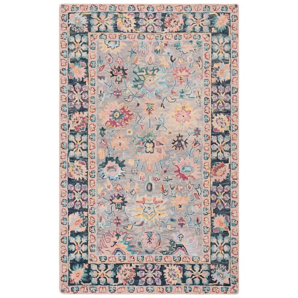 Blossom 2 ft. x 3 ft. Gray/Pink Oriental Border Area Rug