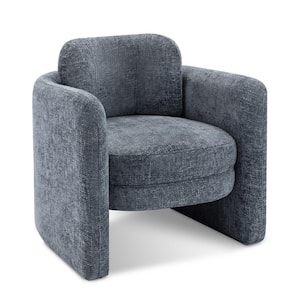 Mid-Century Modern Smoke Blue Linen Overstuffed Armchair Barrel Accent Chair for Living Room, Guest Room, Office