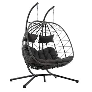 Outdoor Large 2-Person Patio Hanging Chair 600 lbs. Wicker Swing Egg Chair with Heavy Duty Stand, Thickness Cushions