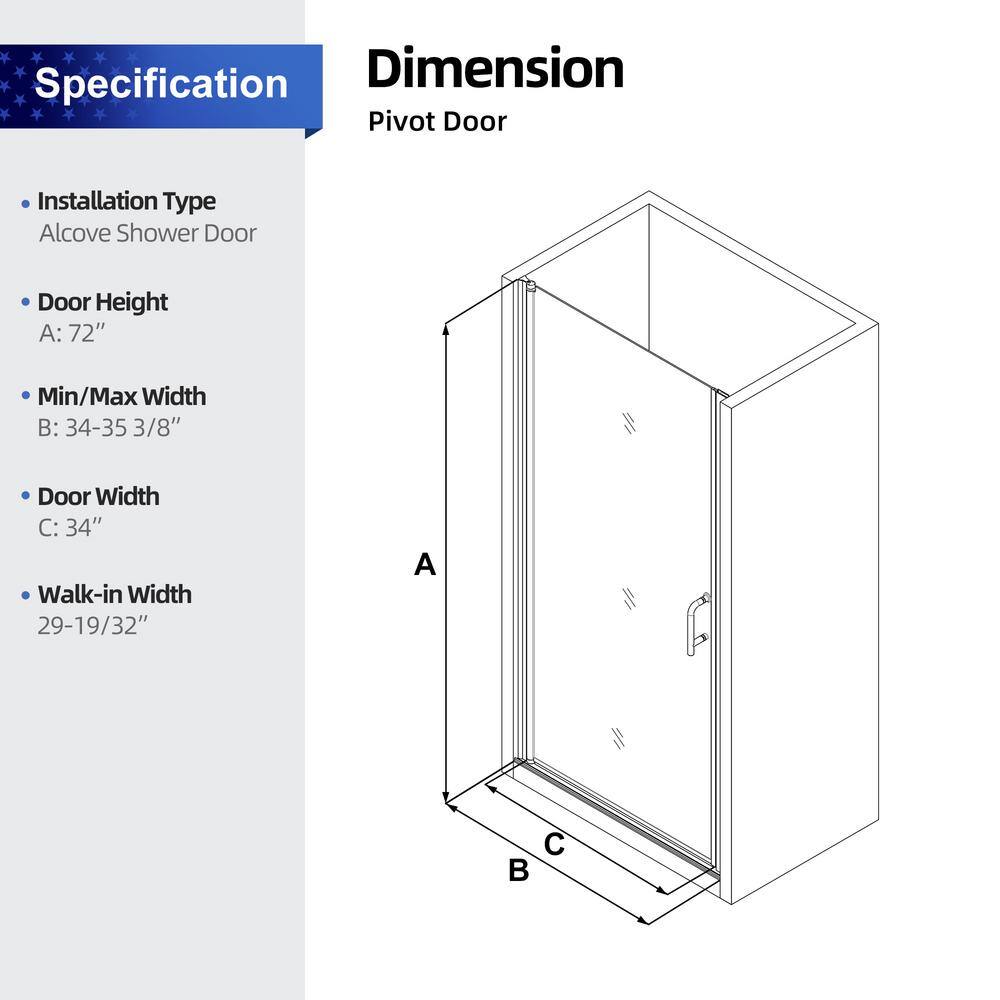 Black Semi-Frameless Tempered Glass Shower Door 34'' x 72''