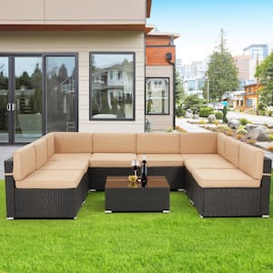 Black 9-Piece Patio PE Rattan Wicker Sofa Set Outdoor Sectional Conversation Furniture Chair Set with Beige Cushions