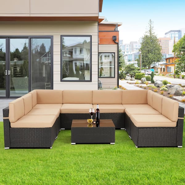AECOJOY Black 9-Piece Patio PE Rattan Wicker Sofa Set Outdoor Sectional Conversation Furniture Chair Set with Beige Cushions