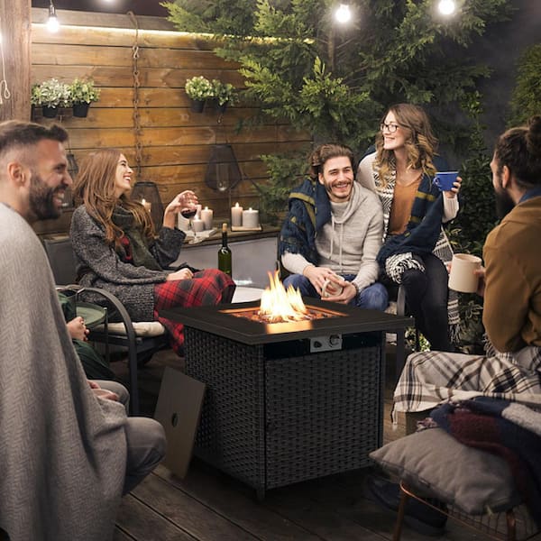 NovaSwivel 8-Piece Brown Wicker Patio Conversation Set Outdoor Fire Pit Set. Swivel Rocking Chairs with Gray Cushions