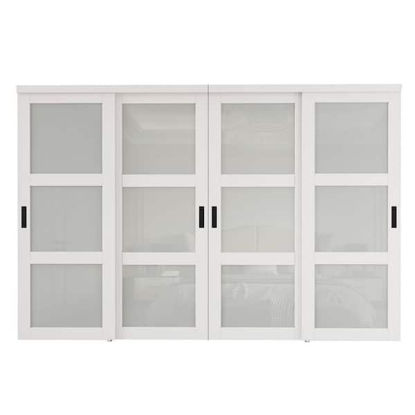 ARK DESIGN 120 in. x 80 in. 3-Lite Frosted Glass White Finished MDF Closet Sliding Door with Hardware and No Grooving Black Handles