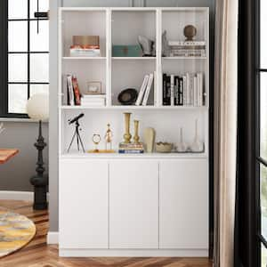 78.7 in. Tall White Wood 9-Shelf Accent Bookcase Bookshelf With Tempered Glass Doors, Anti-dumping Device