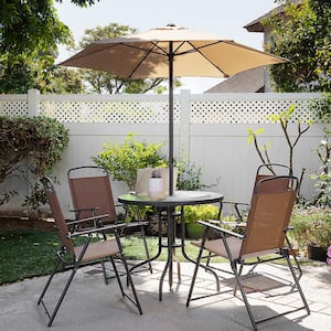 6-Pieces Dining Set Patio Steel Outdoor Set with Umbrella 4 Folding Fabric Chairs Table Beige