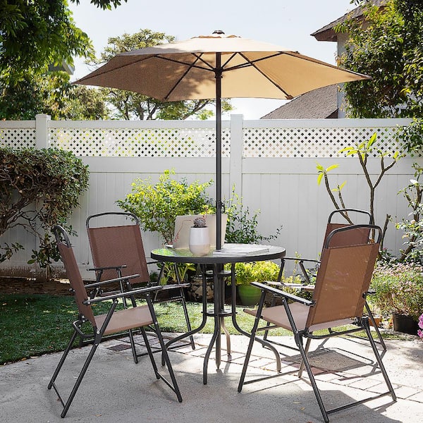 Barton 6 Pieces Dining Set Patio Steel Outdoor With Umbrella 4 Folding Fabric Chairs Table Beige Kit93524 The Home Depot - Home Depot Patio Furniture Table And 4 Chairs