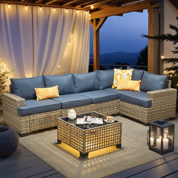 Tiberte Gray 6-Piece Wicker Patio Conversation Seating Set with Denim Blue Cushions