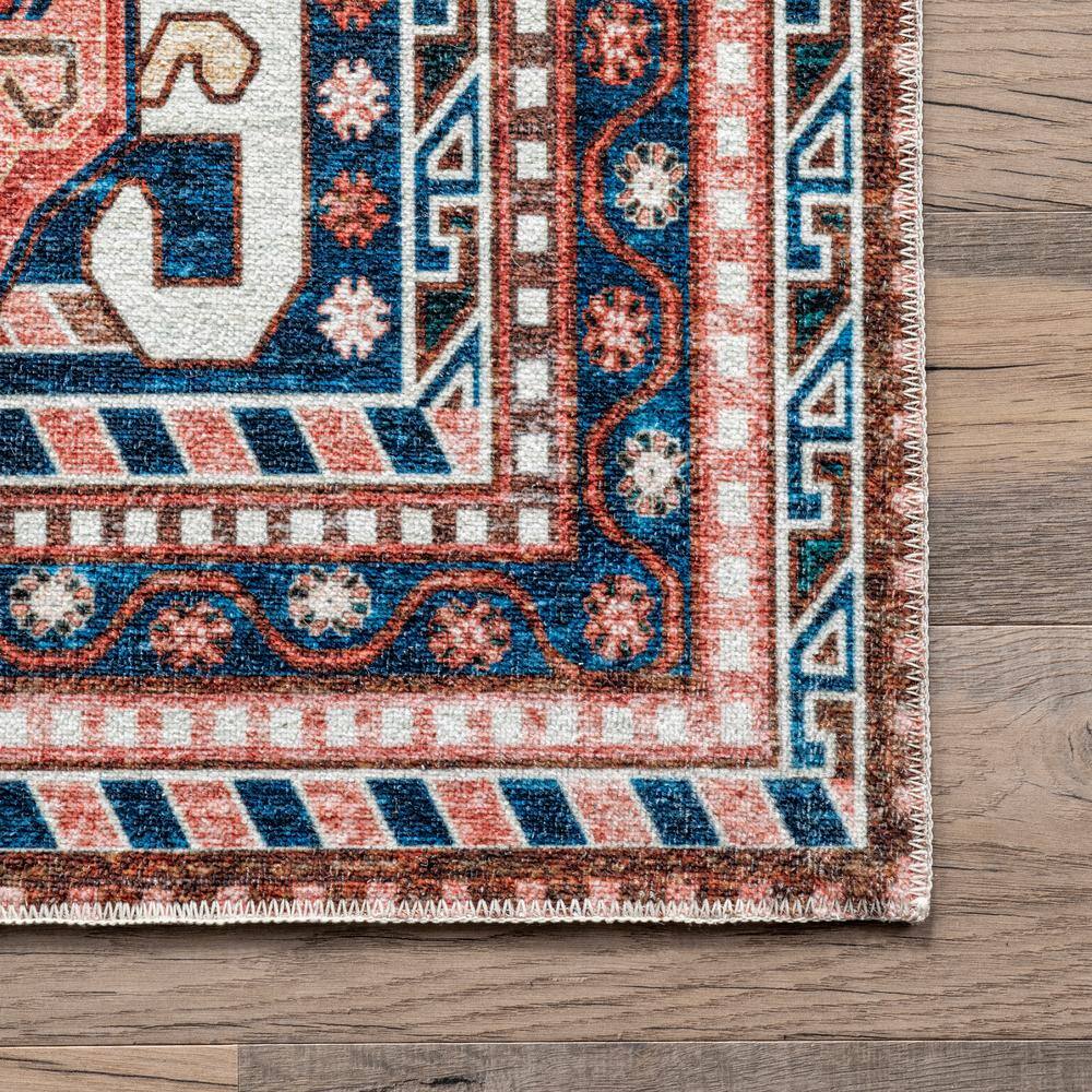 Blue and Beige Medallion Washable Synthetic Area Rug