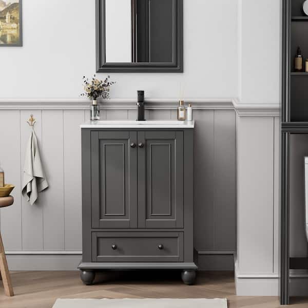 24 in. W. x 18.1 in. D x 34 in. H 1-Sink Freestanding Bath Vanity in Gray with White Ceramic Top and Drain Faucet Set