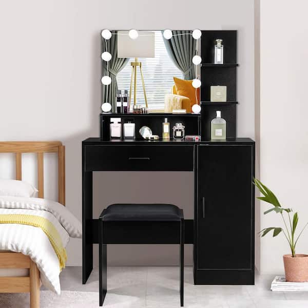 Karl home Black Makeup Vanity Set With Adjustable LED Lighting, Cushloned Stool, And Spaclous Storage