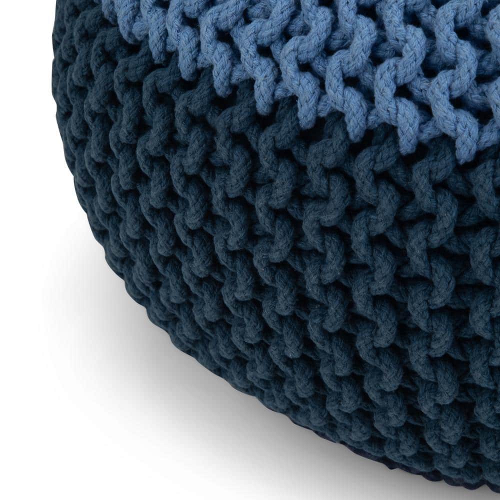 Hand-Knitted Blue Cotton Round Pouf with Polystyrene Filling