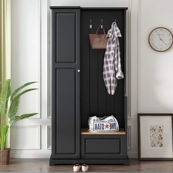 Black Entryway Hall Tree with Flip-Up Bench and Storage Cabinet