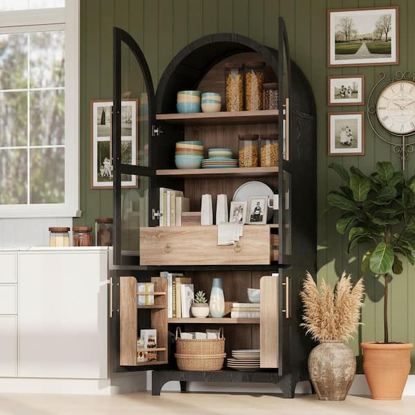 Runesay Farmhouse Black Wood 29.9 in. Kitchen Island Arched Kitchen Pantry Cupboard Cabinet with Open and Adjustable Shelves