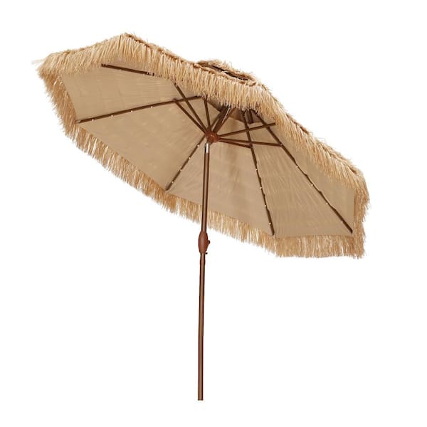 OVASTLKUY 9 ft. Market Patio Umbrella Brown Palapa Thatched Lighted Beach with Crank Lift Natural