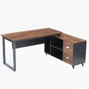 Lantz 55.1 in. L Shaped Desk Brown Engineered Wood 2-Drawers Executive Desk with Cabinet Shelves
