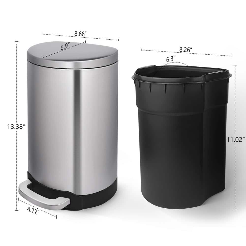 1.6 Gallon Brushed Stainless Steel Semi-Round Step-On Trash Can