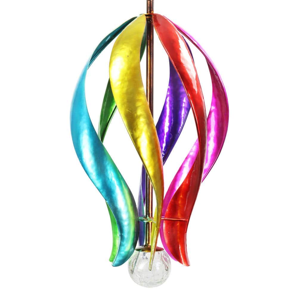 Art-In-Motion Colorful Hanging Metal Cup Spinner with Glass Crackle Ball, 9.5 by 13 Inches