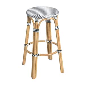 Tobias 30 in. White and Navy Dot Backless Round Rattan Bar Stool