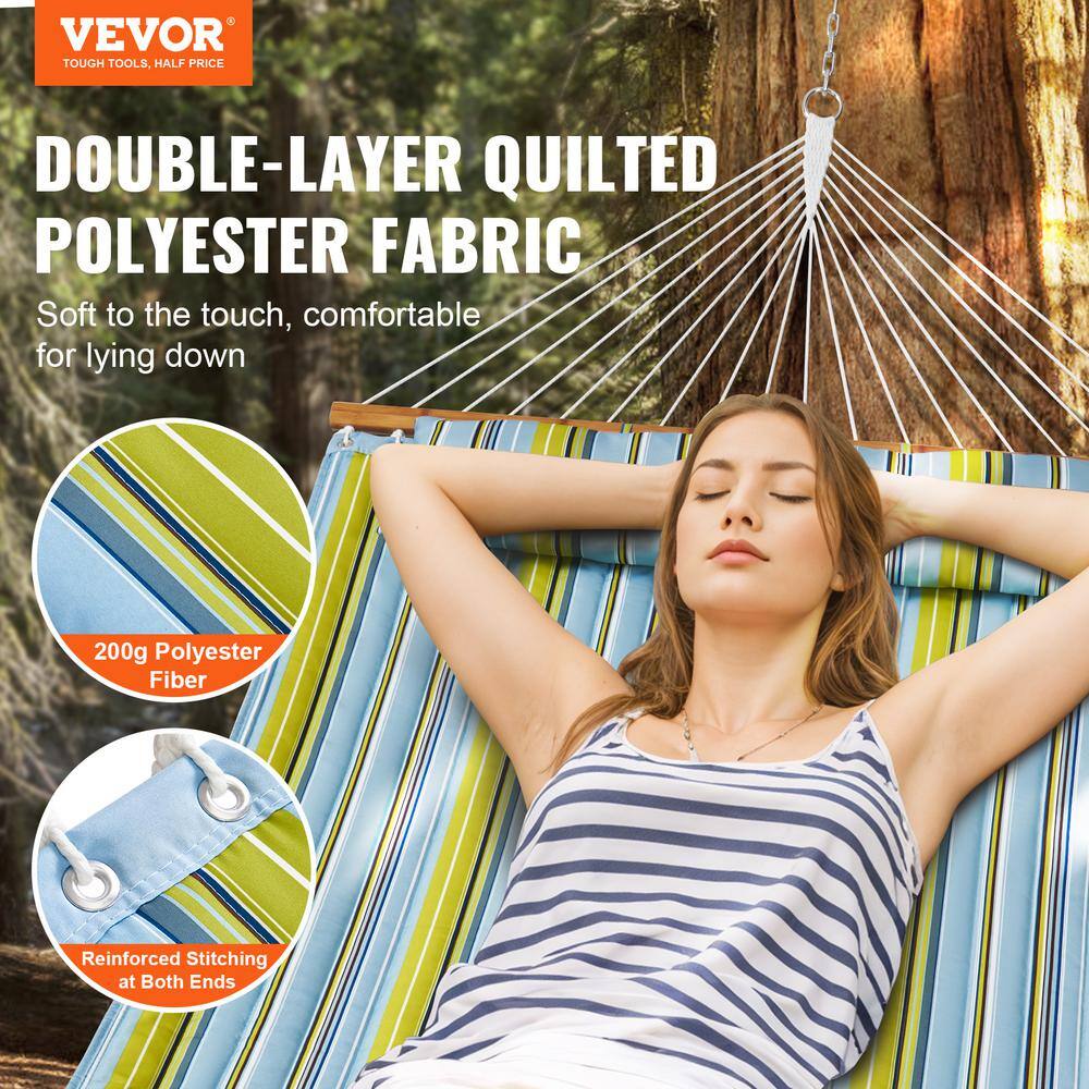 12 FT Blue and Green Quilted Fabric Hammock with Hardwood Spreader Bars