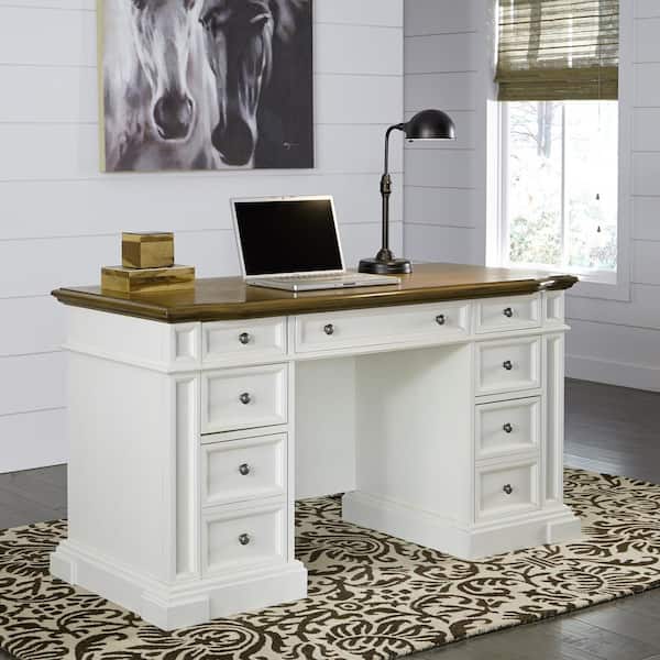 HOMESTYLES 56 in. Rectangular White 7 Drawer Executive Desk with Keyboard Tray