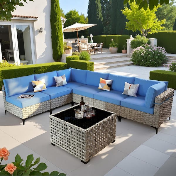 OVIOS Supery Gray 7-Piece Wicker Patio Conversation Seating Set with Diamond Blue Cushions and Coffee Table