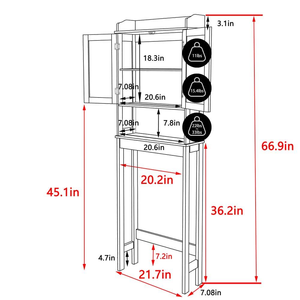 Gray Adjustable Over-the-Toilet Storage Cabinet with Doors