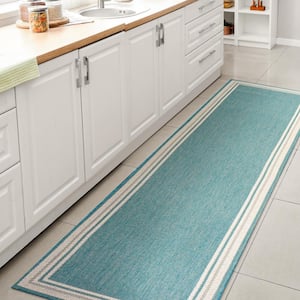 James Modern Border Stripe Aqua/Beige 2 ft. x 8 ft. Indoor/Outdoor Area Rug