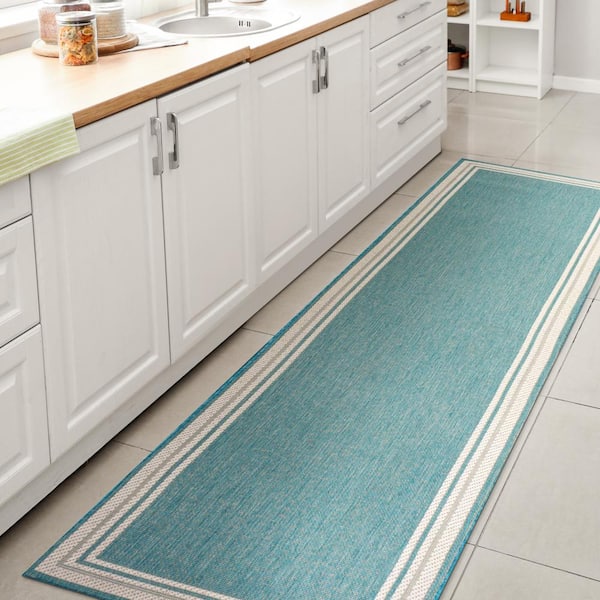 JONATHAN Y James Modern Border Stripe Aqua/Beige 2 ft. x 8 ft. Indoor/Outdoor Area Rug