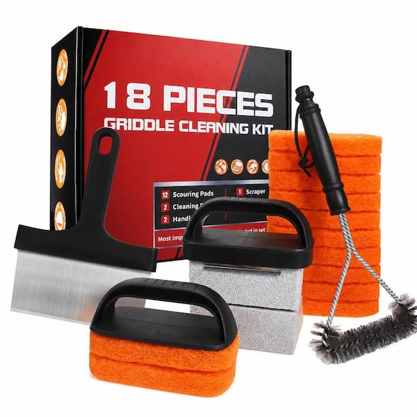 18 Piece Griddle Cleaning Kit for Flat Top Grill with Scraper, Brush, Cleaning Brick, Scouring Pads, Accessories