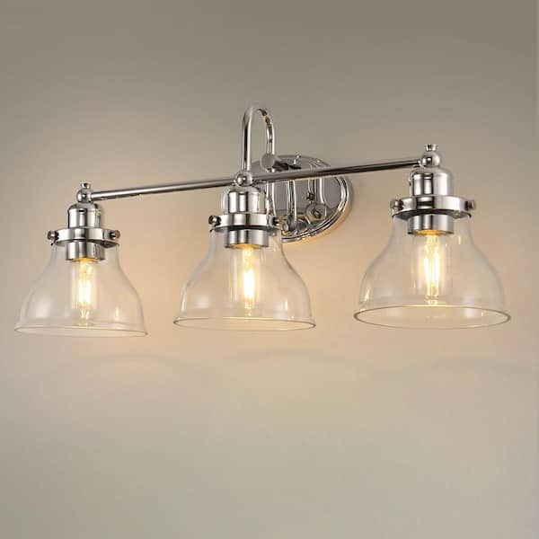 24 in. 3-Light Chrome Bathroom Vanity Light, Clear Glass Bath Wall Mount Lighting for Modern Bathroom