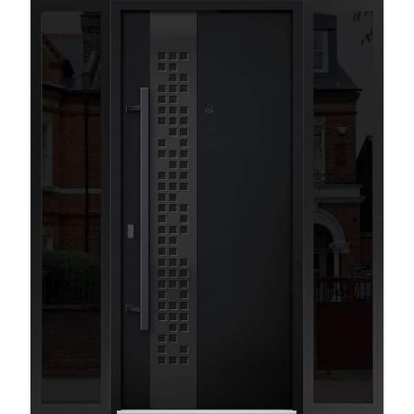 6078 64 in. x 80 in. Right-hand/Inswing 2 Sidelights Black Enamel Steel Prehung Front Door with Hardware