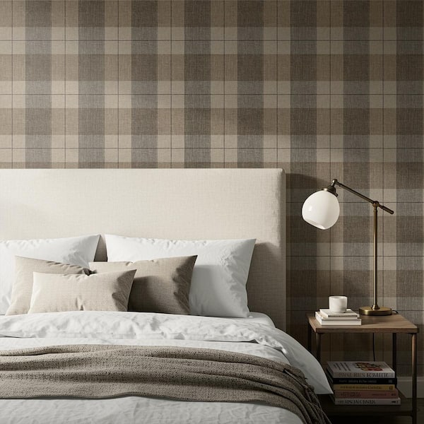 30.75 sq. ft. Truffle Umber the Langley Plaid Vinyl Peel and Stick Wallpaper Roll