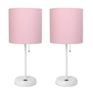 19.5 in. White Stick Lamp with USB Charging Port and Fabric Shade, Light Pink (2-Pack Set)