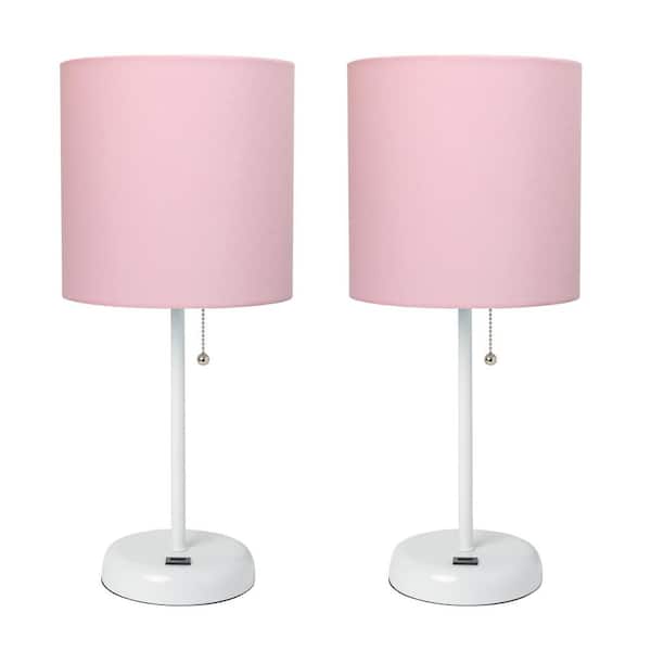 Simple Designs 19.5 in. White Stick Lamp with USB Charging Port and Fabric Shade, Light Pink (2-Pack Set)