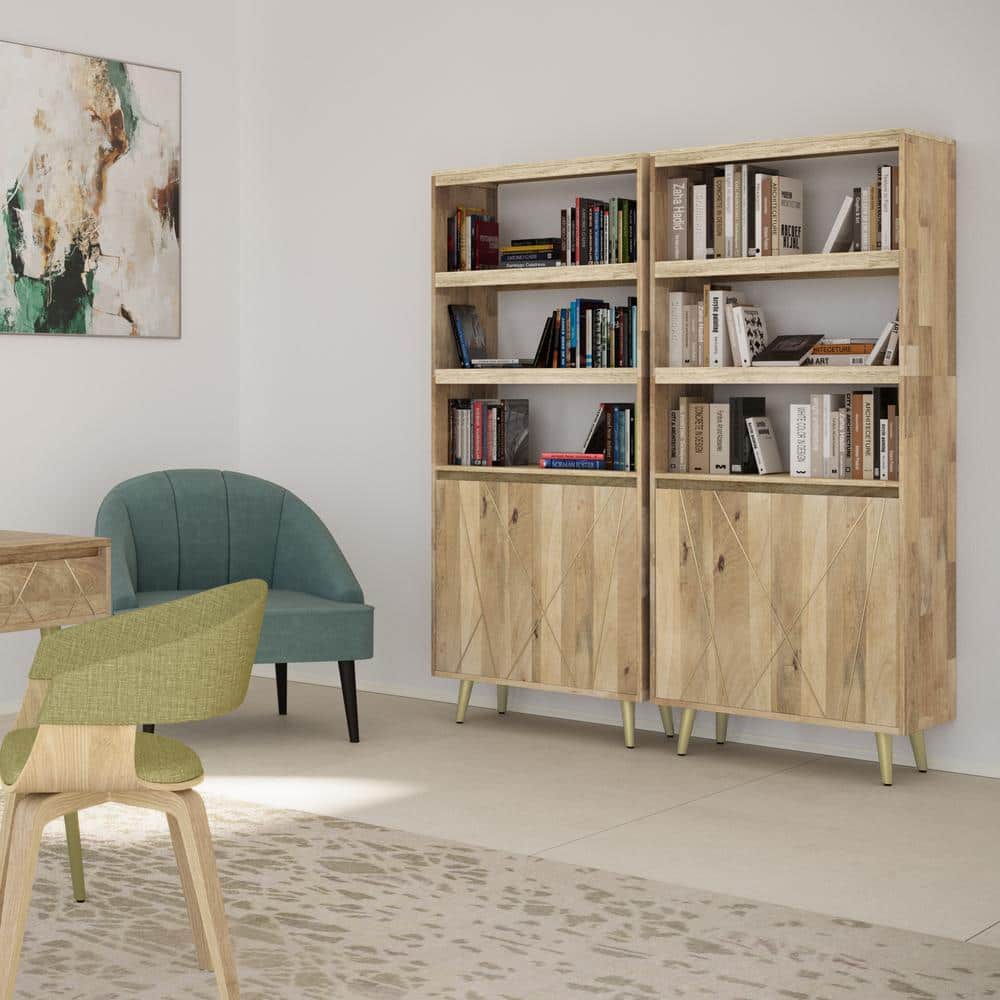 Natural Mango Wood 72" Contemporary Bookcase with Brass Inlay