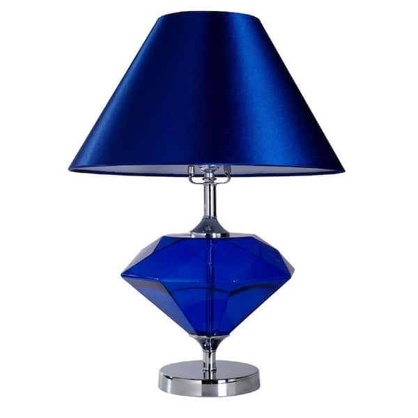 Elegant Designs Royal Gem 22.75 in. Sapphire Blue Colored Glass Diamond Shaped Table Lamp with Fabric Shade
