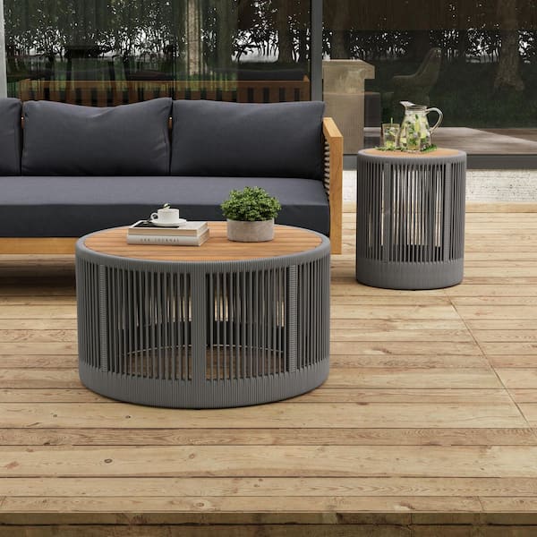 2-Piece Brown Acacia Wood and Gray Rattan rope Outdoor Coffee Table