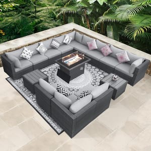 15-Piece Large Size Gray Wicker Patio Conversation Sofa Set with Light Gray Cushions Fire Pit Table and Coffee Tables