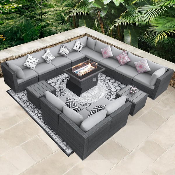 NICESOUL 15-Piece Large Size Gray Wicker Patio Conversation Sofa Set with Light Gray Cushions Fire Pit Table and Coffee Tables