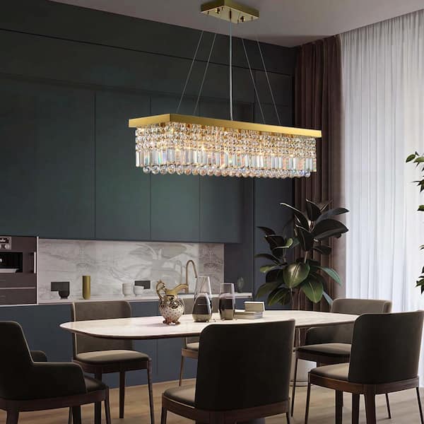 Modern 8-Lights Gold Rectangular Raindrop Crystal Chandelier Pendant Lighting for Dining Room Kitchen Island