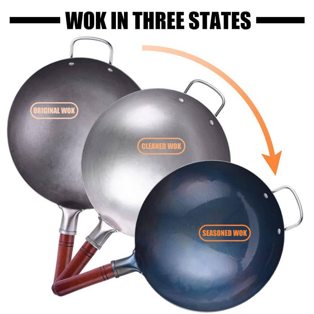 13.4 in. Hand Hammered Carbon Steel Wok, No Coating Round Bottom Chinese Wok Pan Set, Gas Stovetop Compatible - Thumbnail 4