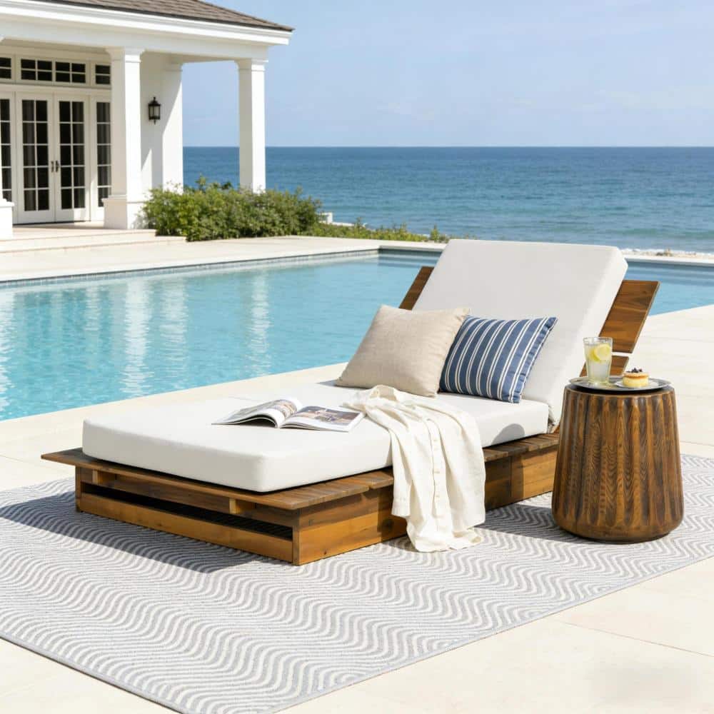 Teak Acacia Wood Outdoor Chaise Lounge Chairs with 4" Thick 3-Fold Cream Movable Cushion, 3-Position Recliner