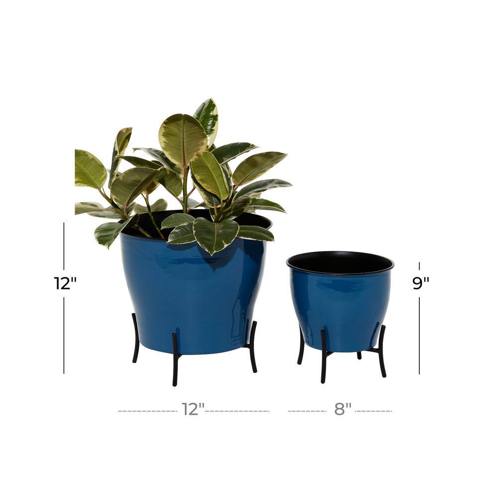 Blue Solid Round Metal Planter Set, 9" and 12"H with Gold X-Stands