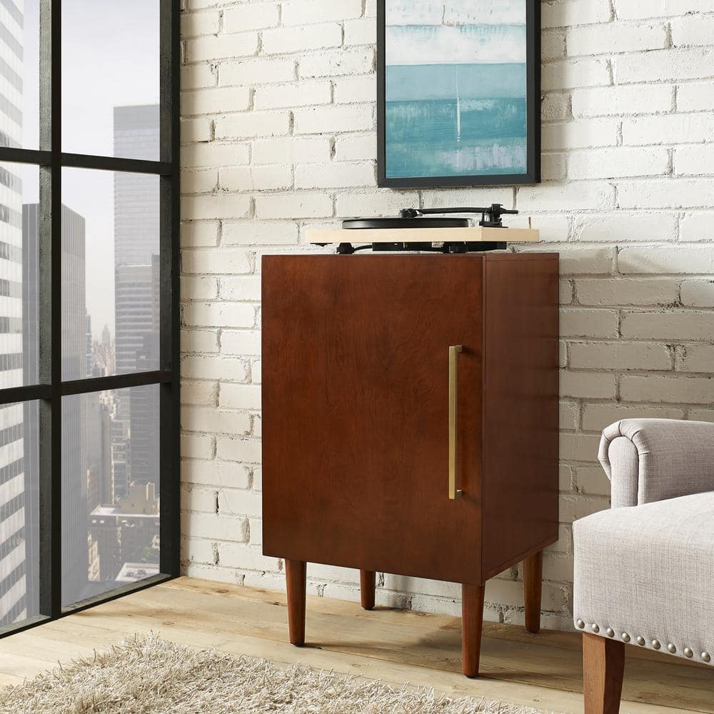 Mid-Century Brown Wood Record Player Cabinet with Gold Accents